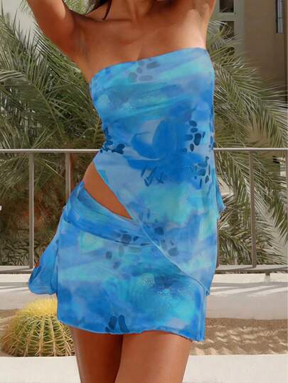 2025 Sommer Y2K Baddie asymmetrischer Saum Bustier & Mini Rock Set, modischer Blume Muster in Blau