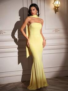 PARTHEA Đầm maxi ôm sát hai lớp xếp ly, vạt đuôi cá, dây buộc cổ, trang trí ruy băng (khóa kéo, gợi cảm), màu trơn, thanh lịch, gợi cảm, chất liệu vải dệt kim, hở lưng, thích hợp cho các dịp trang trọng mùa hè. - Màu vàng - Xem 4