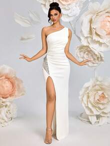 Elisanya One-Shoulder Long Prom Dress High Waist Pleated Studded Slit Backbow Banquet Party Formal Dress Wedding Guest Evening Events Dress - White - View 5