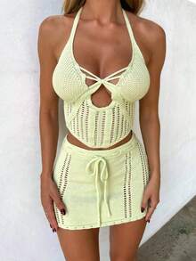 Yuwenier Y2K, set de 2 piese cu pulover tricotat, sexy, fără spate, cu decolteu în formă de inimă, și fustă mini bodycon cu talie și șnur, pentru sărbători și vacanță - Verde - Vizualizare 4