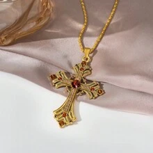 1pc Vintage Cross Pendant Necklace, Fashionable Sweater Chain Suitable For Women And Men