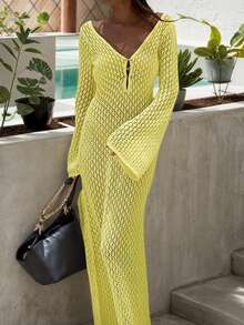 Crochet V-Neck Backless Ruched Waist Fitted Dress, Suitable For Vacation Wear; Women's Fashion, Elegant, Sexy, Minimalist Solid Color Casual Knit Maxi Cover Up Dress, Suitable For Beach Wear - Light Yellow - View 7