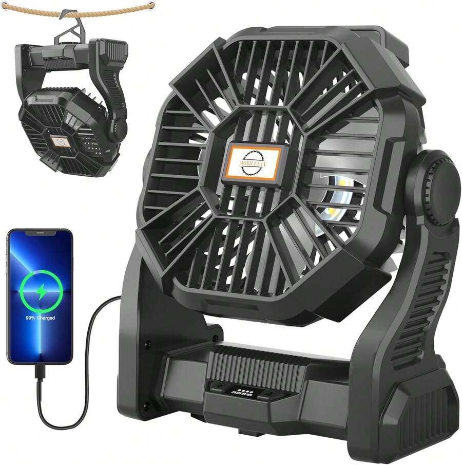 Portable Camping Tent Fan With LED Light & 10400mAh Rechargeable Battery – Quiet Outdoor Fan And Power Bank For Travel, Hiking, Home, Desk, And Sleeping,Travel Essentials Hand Held Fan,Portable Fans - màu đen - Xem 1
