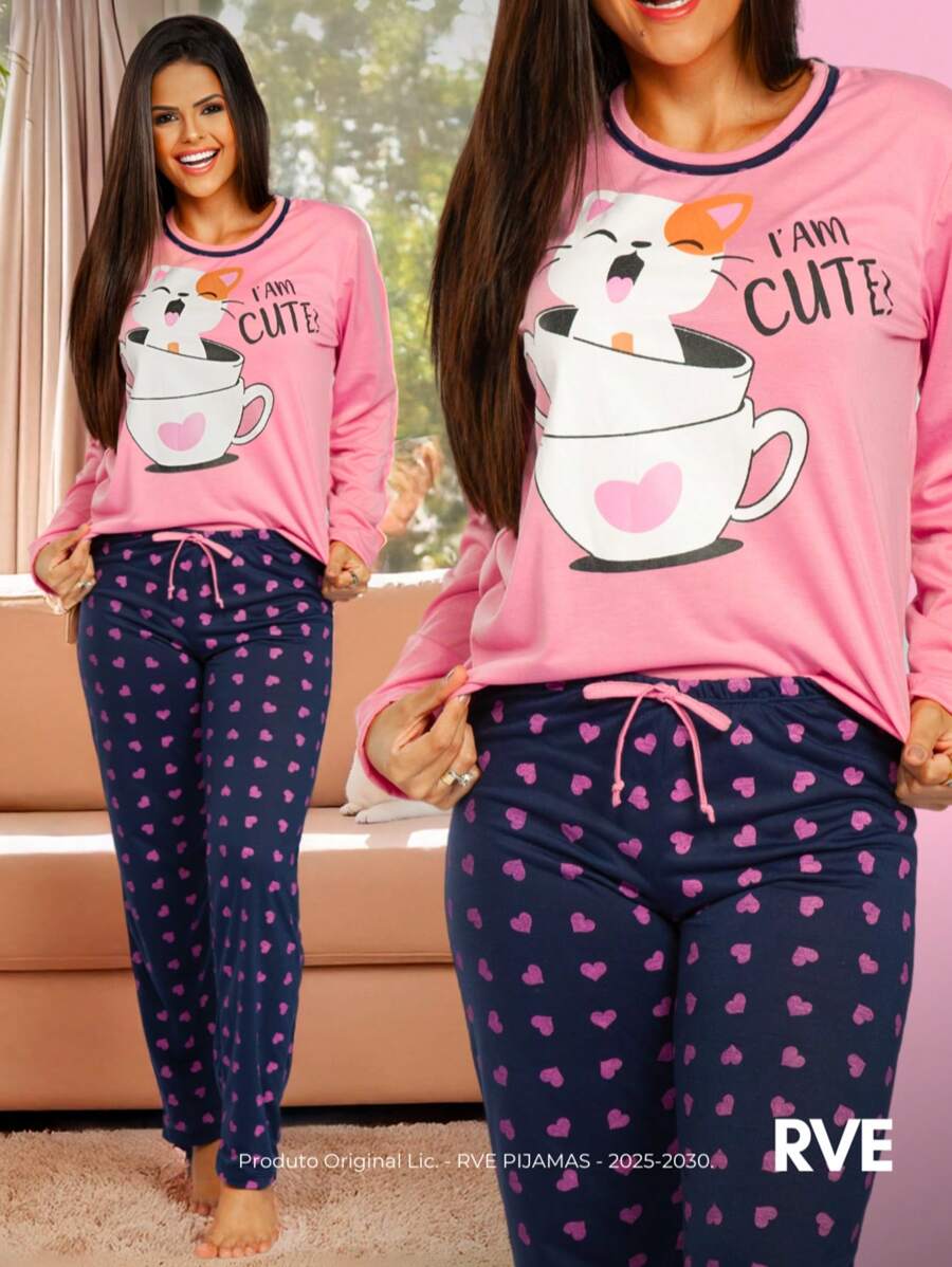 Pijama Feminino Inverno Longo  Cordão falso  Fofo  elegante  Luxuoso  Mulher casual  Young casual  Tecido de malha  Manga Comprida Gato Xícara Fofinho