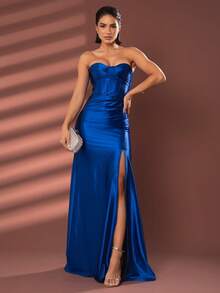 LONG WEDDING PARTY DRESS FOR BRIDESMAID FASHIONISTA STRAPLES WITH SLIT - 寶藍色 - 查看 1