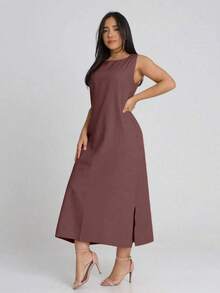 Women's Linen Midi Dress With Pockets Plain Wide Straps Elegant - 鏽棕色 - 查看 3