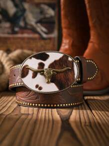 1 Stück unisex Boho Western Cowboy Gürtelschnalle Retro Khaki PU Leder Gürtel