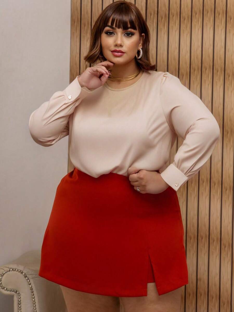 Tailored Short Skirt With Elastic Plus Size - telha - View 1