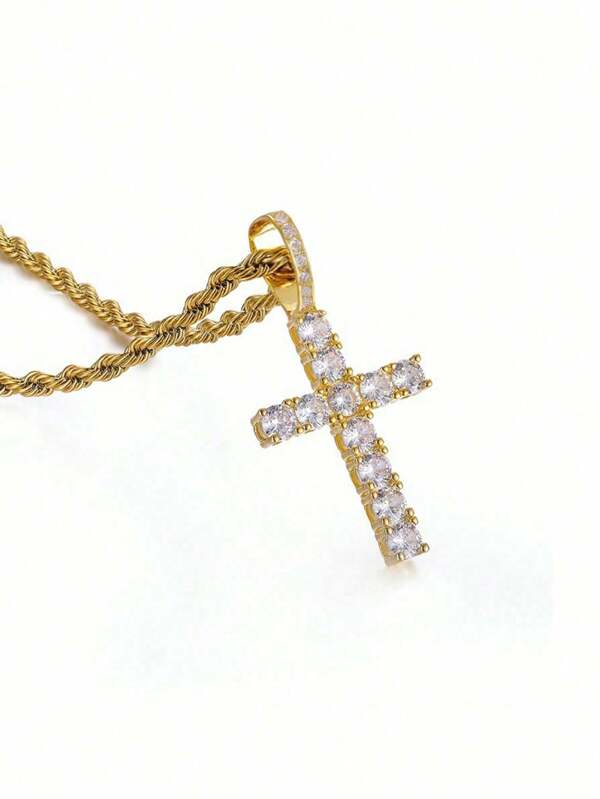 1pc Men's Hip Hop Style Stainless Steel Cross Pendant Necklace With Braided Chain, Rap Rock Rhinestone Necklace