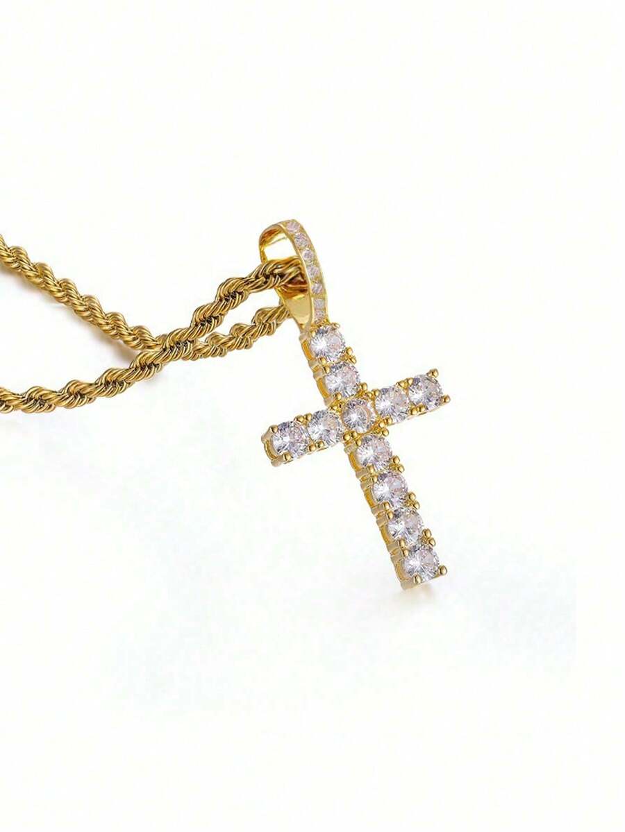 1pc Men's Hip Hop Style Stainless Steel Cross Pendant Necklace With Braided Chain, Rap Rock Rhinestone Necklace - Gold - View 1