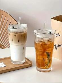 1pc Heat Resistant Glass Coffee Cup With Lid And Straw - Leak Proof Portable Hot Drink Cup, Suitable For Office And Outdoor Travel, Fashionable Straw Cup, Simple Coffee Cup With Lid, Transparent Glass Straw Cup, Office Coffee Cup, Glass Coffee Cup With Lid And Straw, Straw Cup With Lid, Coffee Cup With Straw, Beverage Cup With Lid And Straw Back To School