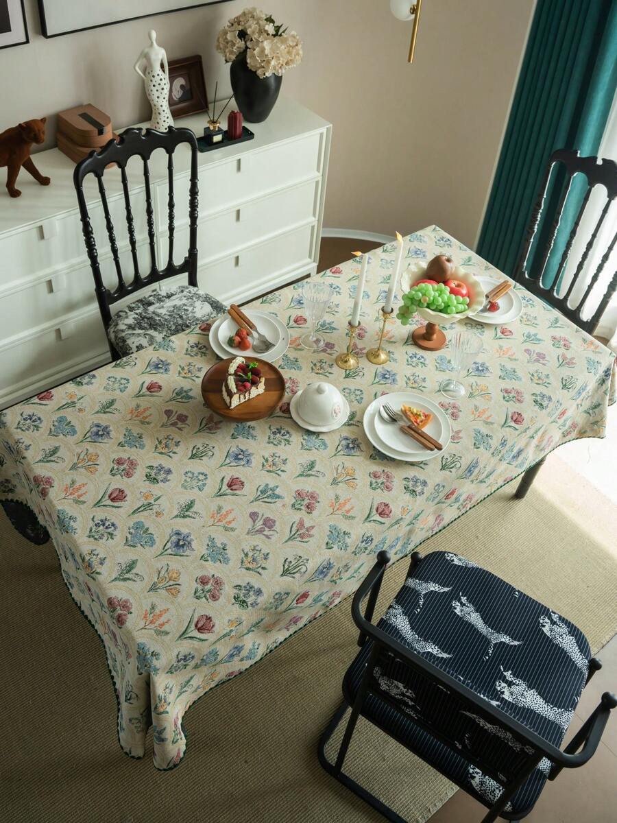 1pc Colorful Floral Jacquard Rectangular Tablecloth, Refreshing Countryside Style, Suitable For Family, Kitchen, Holiday Gathering, Birthday Party, Dining Table, Garden, Home Decor, Bedroom, All Season - Multicolor - View 1