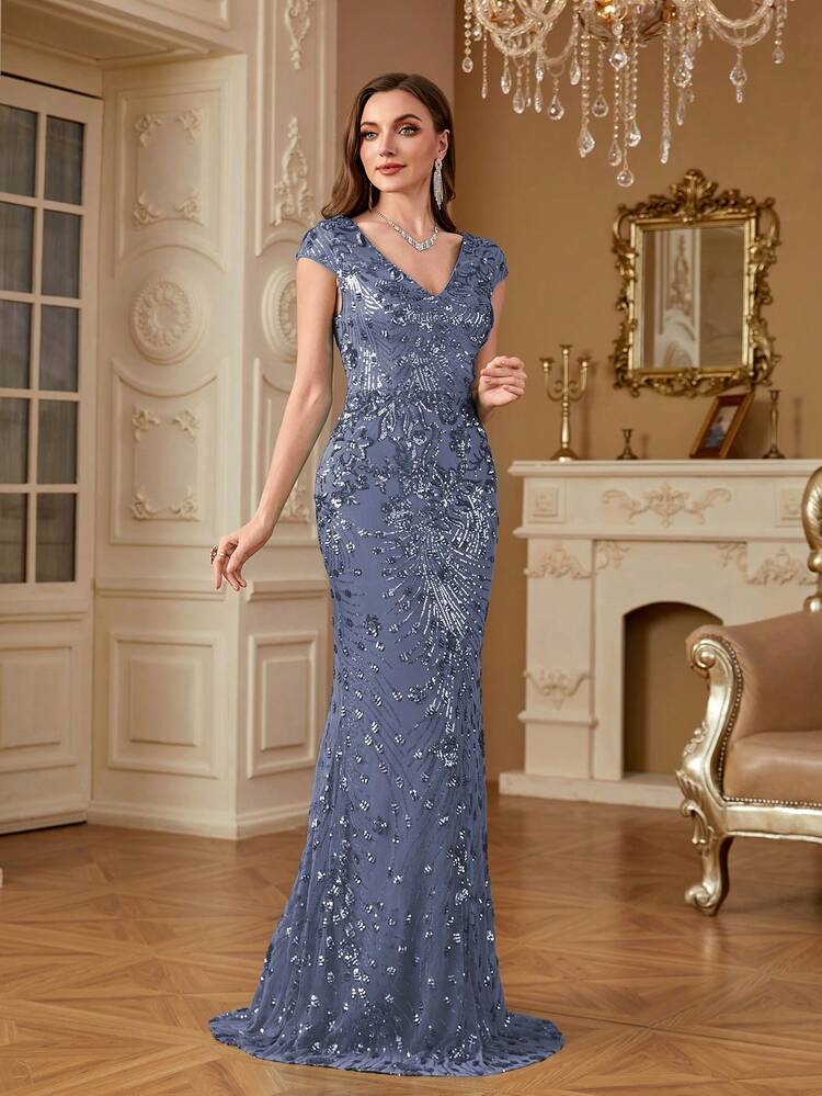 优雅亮片性感晚礼服，长款美人鱼式正式舞会礼服，奢华婚礼派对鸡尾酒会礼服，女士连衣裙 - 中等水洗藍 - 查看 7