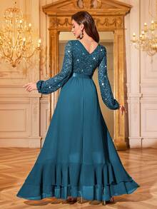MIUSOL Đầm maxi dự tiệc trang trọng, cổ chữ V, tay phồng, viền bèo nhún, đính sequin và ren hoa, kiểu dáng thanh lịch dành cho nữ, thích hợp cho khách dự đám cưới, lễ tốt nghiệp, tiệc gala và các dịp khác, đặc biệt cho ngày Valentine mùa xuân. - Màu xanh bụi bặm - Xem 3