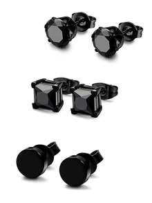 FIBO STEEL 3 对不锈钢黑色方晶锆石耳钉，男女通用耳环套装 - 黑色 - 查看 1