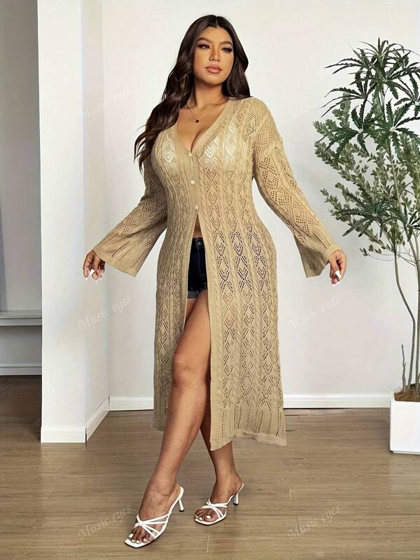 1pc Plus Size Plain Knit See-Through Fringe Cardigan Sweater, Suitable For Evening Dates, Everyday Wear, All Seasons