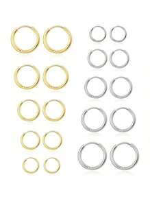 Set de 10 pares de pendientes de aro de plata para mujeres, pendientes de aro hipoalergénicos y ligeros de acero quirúrgico, aros pequeños y pequeños para niñas y hombres (8 mm, 10 mm, 12 mm, 14 mm, 16 mm)