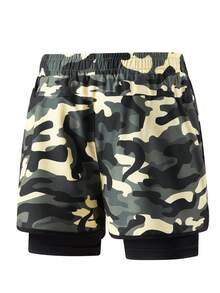 Women's Camo Print Drawstring Waist Shorts 2-In-1 Sports Casual Pants - Khaki - View 3