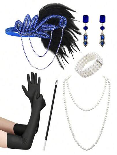 D EXCEED 5/6pcs 1920s Retro Women's Gatsby Party Outfit Accessories Set, Fake Fringe Feather Diamond Headband, Long Faux Pearl Necklace, Multilayer Faux Pearl Bracelet, Earrings, Long Finger Gloves, Suitable For 1920s Great Gatsby Women's Festival Party Halloween
