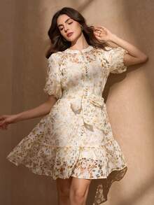 Elegant Romantic Cutout Button Collar Puff Sleeve Women's Cute Style Dress + Dress Two Pieces Set - Multicolor - View 1