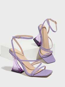 女士露趾性感踝带高跟鞋，透明细高跟，透气夏季罗马凉鞋，紫色不对称鞋跟 - 紫色 - 查看 5