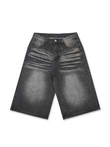 GlobeSwift 复古男士青年先锋街头时尚-休闲街头先锋时尚-嘻哈街头宽松3/4牛仔短裤，春夏秋 - 黑色 - 查看 8