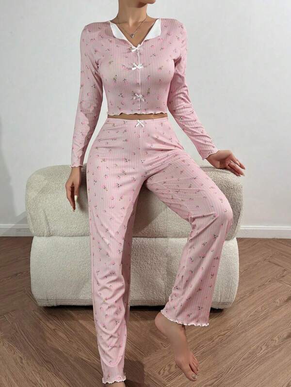 Set de 2 piezas de ropa de dormir para mujer, pantalón y blusa de manga larga estampada informal que se puede usar en exteriores
