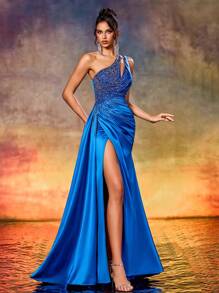 Women's Asymmetrical Neck Satin Beaded Detail Pleated High Split Evening Gown Dress, Formal, Party Dress, For Wedding Guest