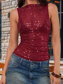 Camiseta de tirantes de mujer con lentejuelas, ajustada, transparente, con estilo, de color liso, sin mangas, para verano y primavera - Burdeos - Ver 4