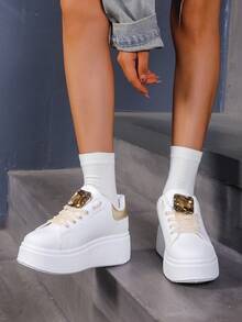 Women Preppy College Casual Outdoor Sports Shoes, Thick Sole, Comfortable, Non-Slip - Gold - View 2