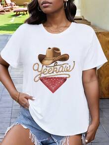 Yehhaw Western Themed Cowboy Hat And Yeehaw  Women's Plus Size Sports Short Sleeve Casual T-Shirt - White - View 1