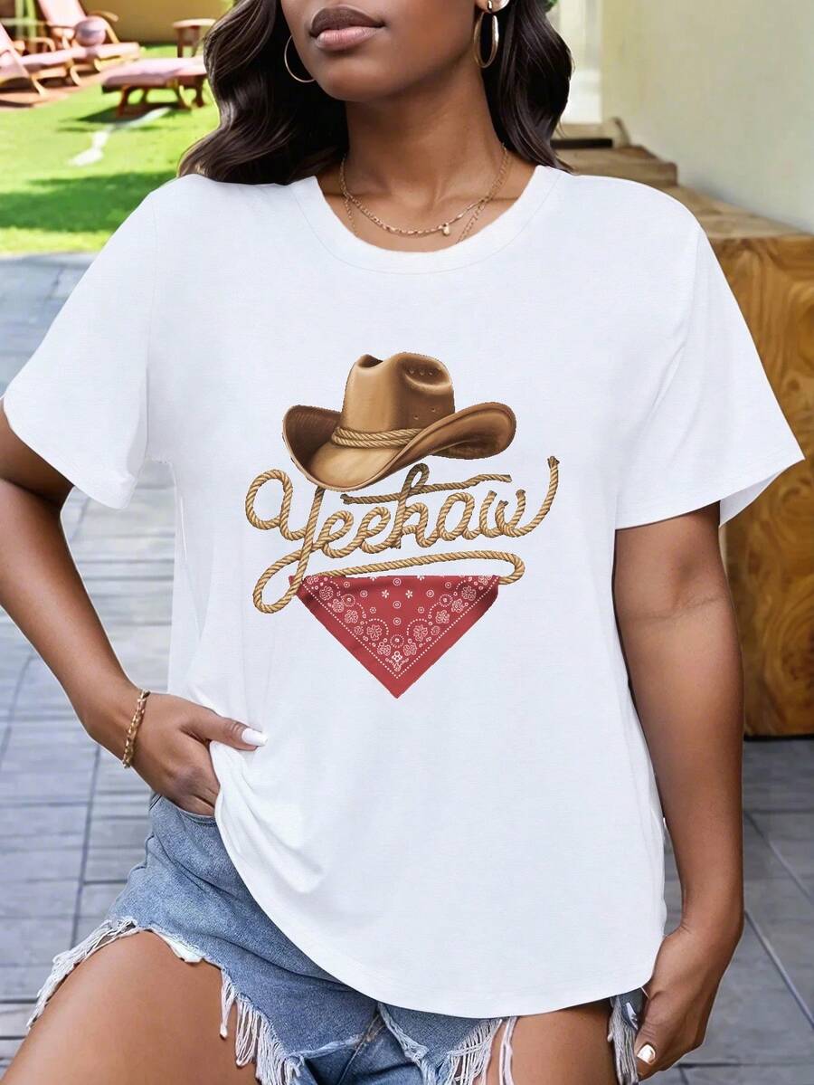 Yehhaw Western Themed Cowboy Hat And Yeehaw  Women's Plus Size Sports Short Sleeve Casual T-Shirt - White - View 1