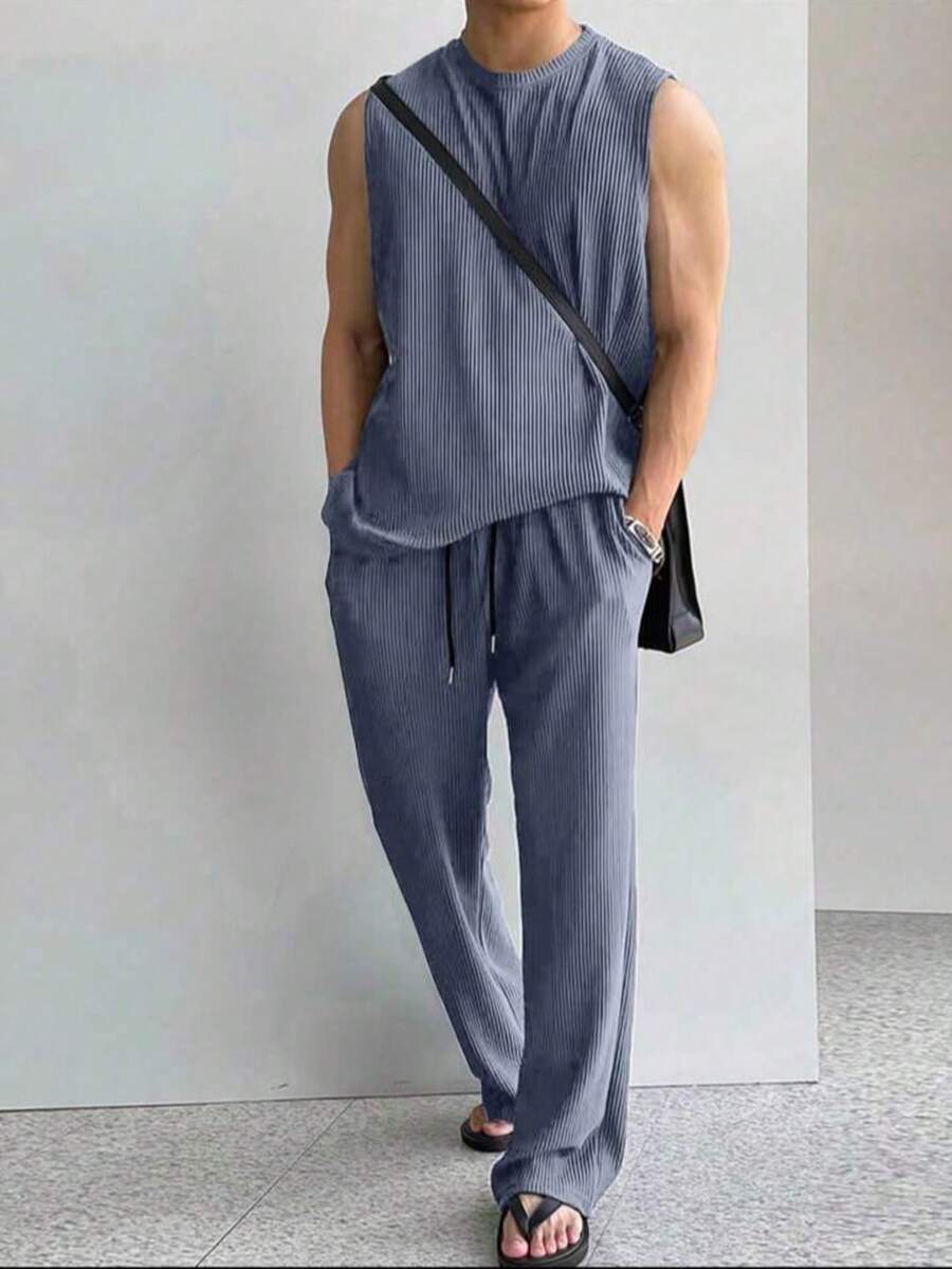 Conjunto Canelado Masculina, Malha Canelado Importado  Casual-Básico    Simples    Ajuste Regular    Cordão  Bolso  Malhado - Chumbo - Visão 1