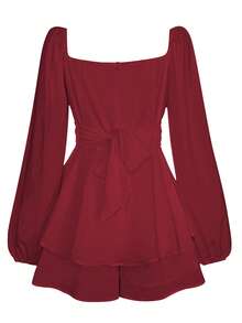 Women Puff Long Sleeve Romper Off Shoulder Ruffle Flowy Short Jumpsuit Layered Pirate Dress With Shorts Playsuit - Burgundy - View 8
