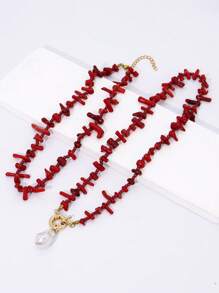 1pc Boho Tropical Island Irregular Red Coral Beaded Sailor Buckle Necklace For Charm Women's Vacation Beach Jewelry Accessories