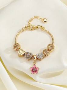 1pc Minimalist Fashion Rhinestone Hollow Heart, Clover, Pink Flower, Bee Pendant Bracelet, Fashionable Daily Wear For Teenagers - Multicolor - View 4