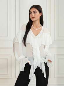 Women's Long Sleeved Shirt, Solid Color Pleated V-Neck Chiffon Shirt, Spring Loose Casual Top Street Wear, Suitable For Outdoor Travel, New Year's, Christmas, Valentine's Day Gifts, Classic Elegance,  , Autumn And Winter Clothing - Ivory - View 4