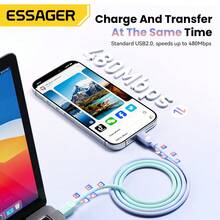 ESSAGER USB C To Type C Cable Fast Charging For Phone 480Mbps PD QC USB C Cord Compatible With IPhone 16, 16 Pro Max, 15, 15 Plus, 15 Pro, 15 Pro Max, Compatible With Redmi, Compatible With OnePlus Charger - Pastel Green - View 7