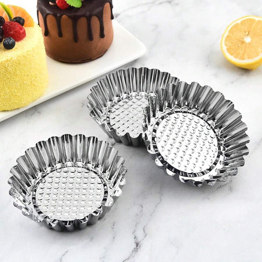 6pcs Reusable Stainless Steel Cake Tart Mold, Steamed Rice Cake Mold, Pudding Jello Mold, Home Baking Tool - Stainless Steel Color - View 1