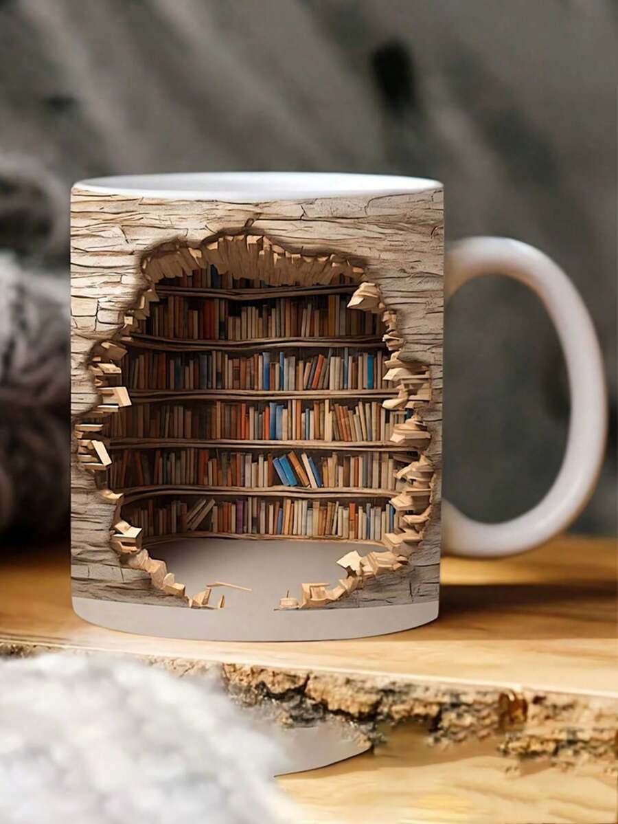 1pc, Book Shelf Coffee Mug, Ceramic Coffee Cups, Bookshelf Break Through Water Cups, Summer Winter Drinkware, Gifts Back To School - Khaki - View 1