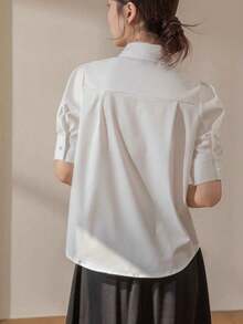 女式素色前扣优雅通勤短袖衬衫，夏季 - 白色 - 查看 4