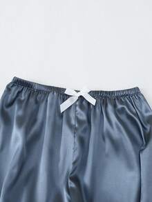 Bộ 3 chiếc áo sơ mi tay ngắn ve áo màu hồng satin và quần ngủ ngắn/dài, đồ mặc nhà mùa xuân và mùa hè cho nữ, thích hợp mặc ở nhà - Xám - Xem 5
