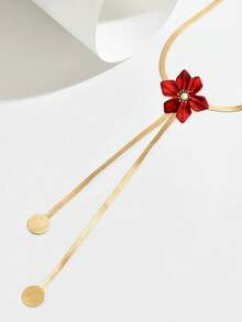 1 件优雅女士 Y 形项链，时尚简约红色树脂编织花朵吊坠，配扁平蛇链，几何圆形装饰，长颈链，日常佩戴或赠送朋友 - 紅色 - 查看 3