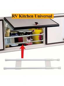 The Overhead Storage Cabinet Railing In The RV Helps Prevent Items From Falling. The RV Home Refrigerator Extendable Rod Extends The Storage Shelf And Can Be Adjusted. The Simple Fixed Rack Has A Kitchen Storage Organizer With Partition Design Inside The Cabinet.
