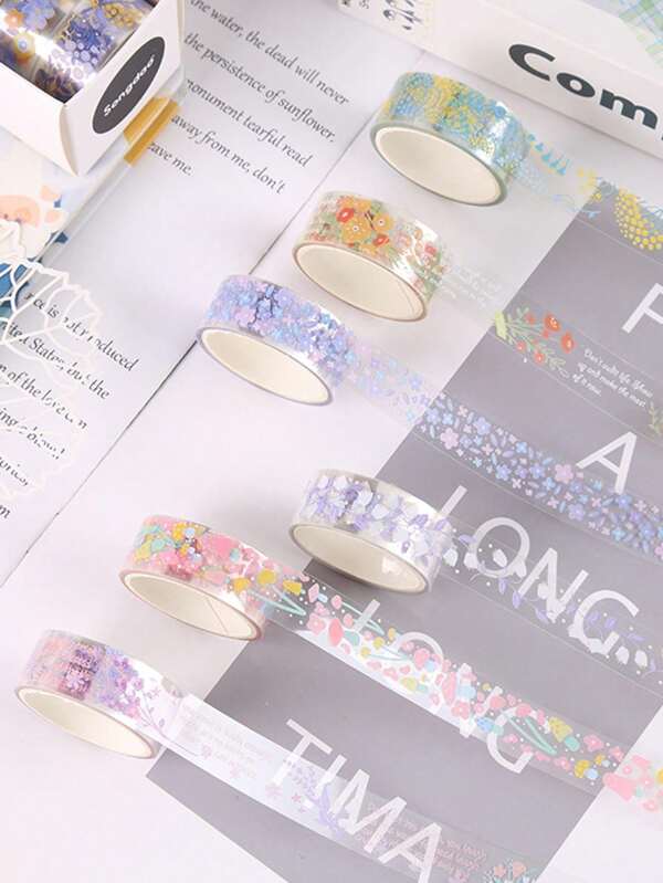 5 Rollen Handbuchabdeckungs-Klebeband mit Blumenmuster in Box, durchsichtiges wasserfestes PET-Klebeband, personalisiertes frisches Student Handgefertigt DIY Sammelalbum Dekorations-Material Klebeband, Schul-Zubehör