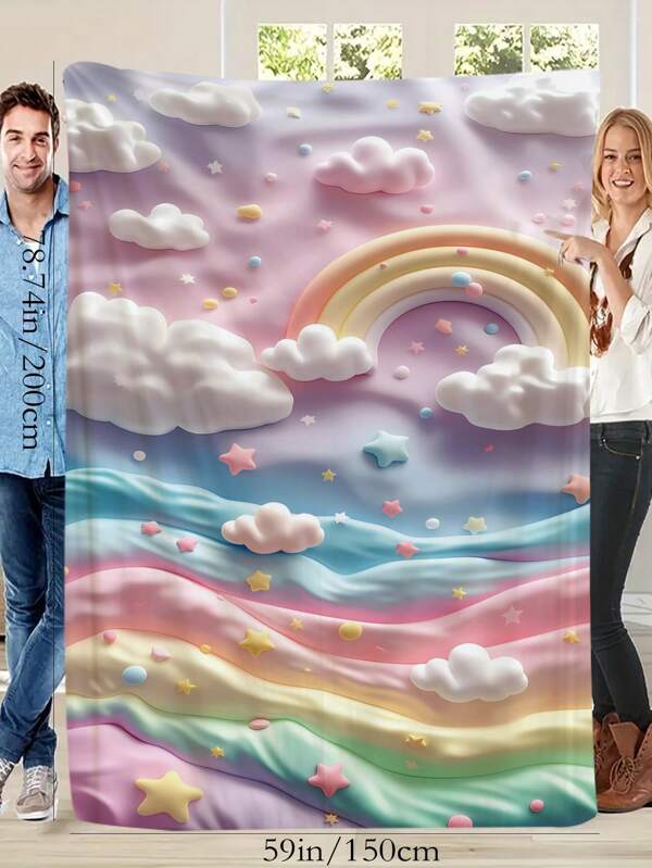 1 pieza Manta de franela con estampado de nubes y arcoíris, manta de estilo moderno, suave y cómoda para viaje, sofá, cama, decoración del hogar y oficina, manta de regalo de cumpleaños para niños, niñas, adultos, para usar en todas las estaciones, adecuada para cama, sofá, oficina, camping