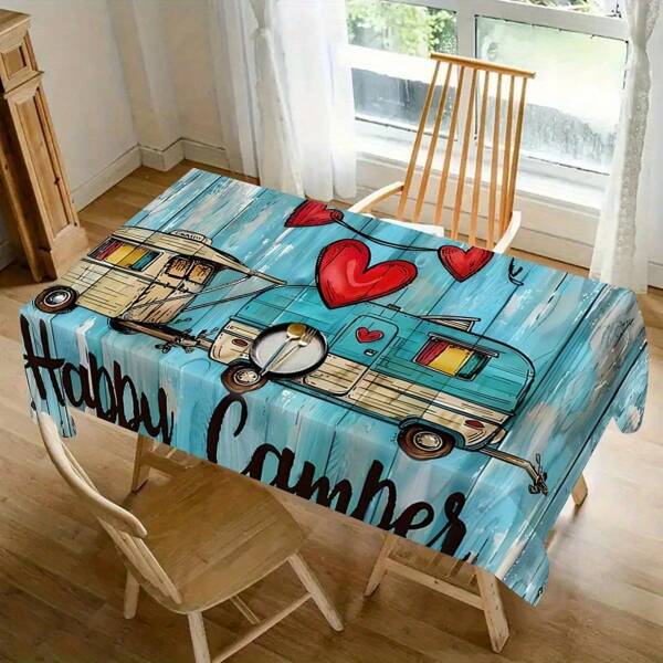 1 Stück Tischdecke mit Happy Camper & Holzbrett-Optik - "Happy Camper" Herz Design, Retro Wohnwagen Muster, Polyester rechteckige Tischdecke, geeignet für Küche, Garten, Feierlichkeiten, Restaurant und Bankettdekoration, Geschenk, Vintage Wohnwagen Design Polyester Gewebe Outdoor Tischdecke
