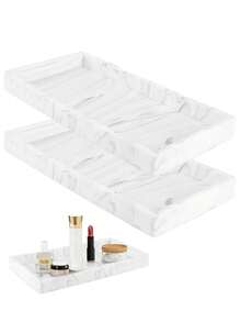 2 件白色大理石硅胶浴室托盘装饰性矩形储物托盘，浴室托盘，客厅，浴室和装饰性户外托盘，易于清洁存储，有效整理物品 - 彩色 - 查看 2