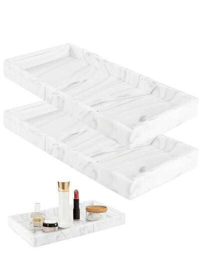 2 件白色大理石硅胶浴室托盘装饰性矩形储物托盘，浴室托盘，客厅，浴室和装饰性户外托盘，易于清洁存储，有效整理物品