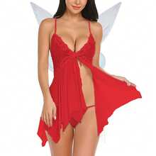 Halloween Fairy Costumes For Adult Cosplay Costume Women Lace Floral V-Neck See Through Lingerie Cami Dress + Fairy Wings 2Pcs Halloween Outfits Nightwear Party Clubwear - Đỏ - Xem 3